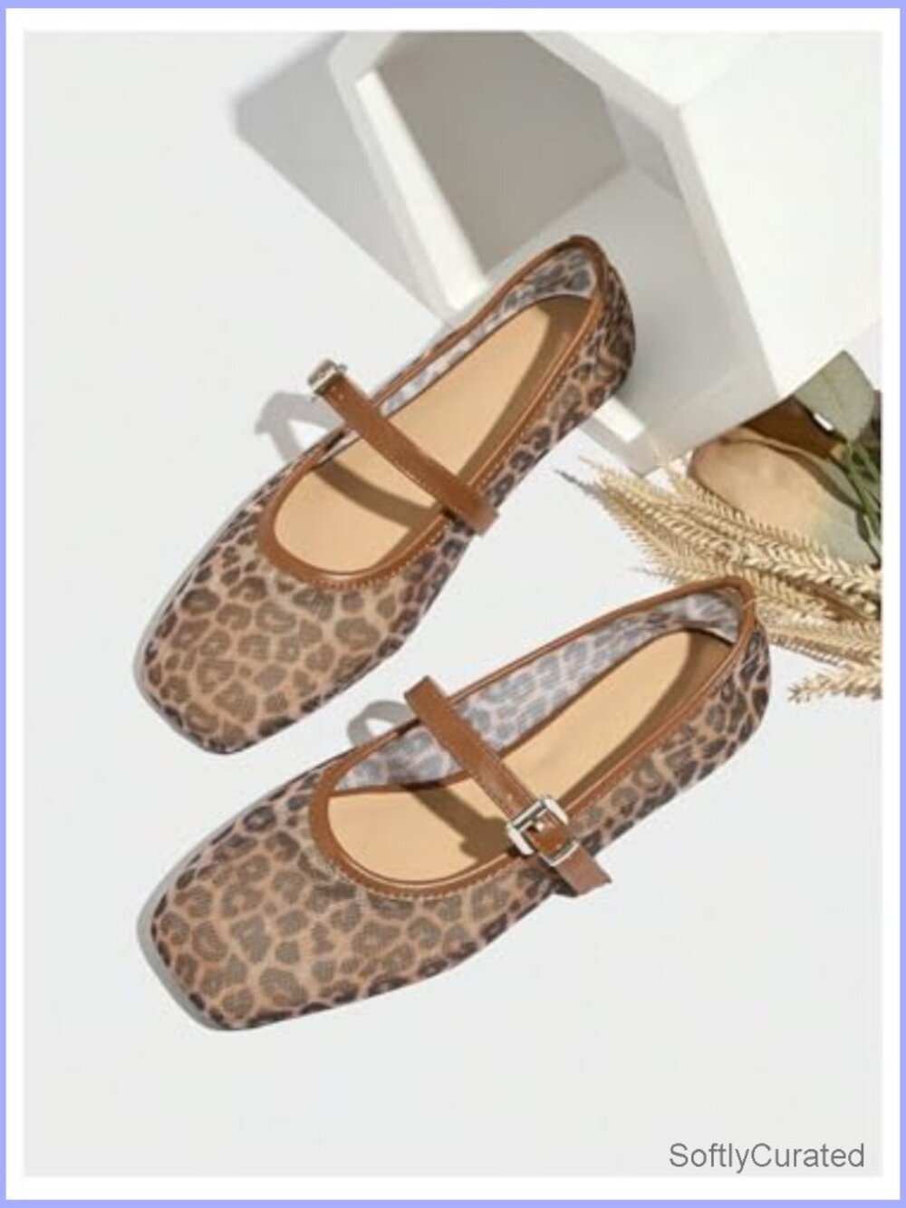 Leopard Print Mary Jane Ballet Flats Square Toe Buckle Closure Comfortable - Picture 2 of 5